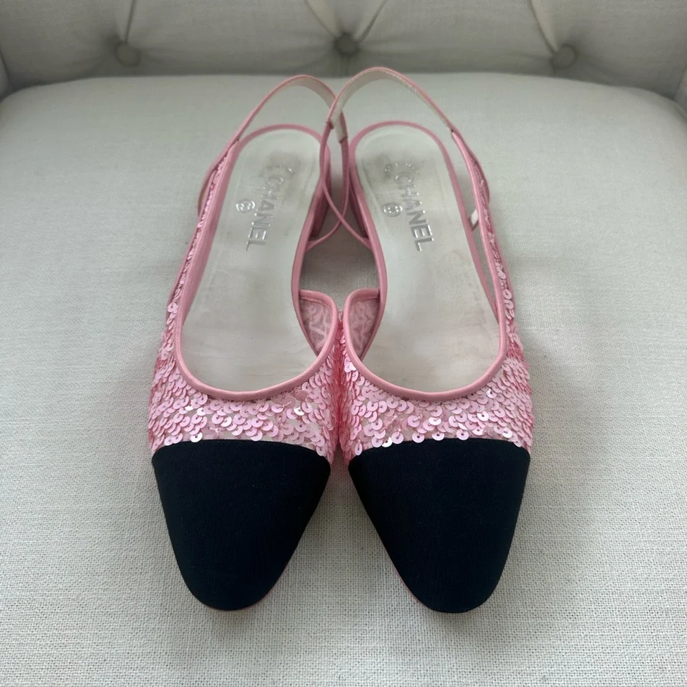 CHANEL Slingbacks Pink/Black Sequin Sofia Richie 23C With Box - Picture 7 of 15